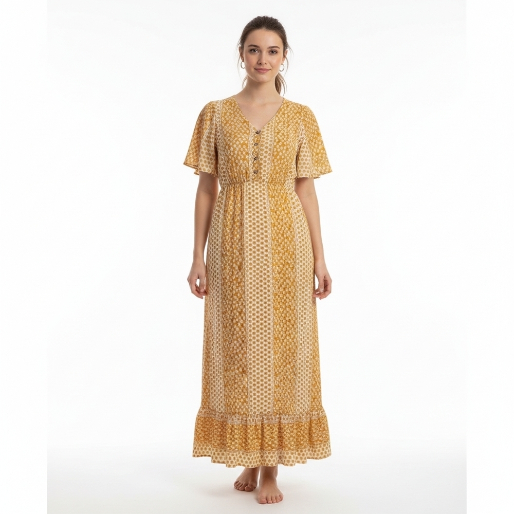 Polagram Mustard Yellow Geometric Print Button Front Maxi Dress Size Small